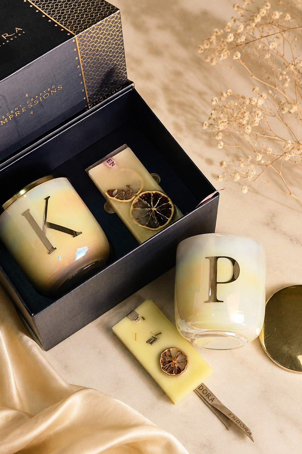 The Initial Candle + scented wax tablet