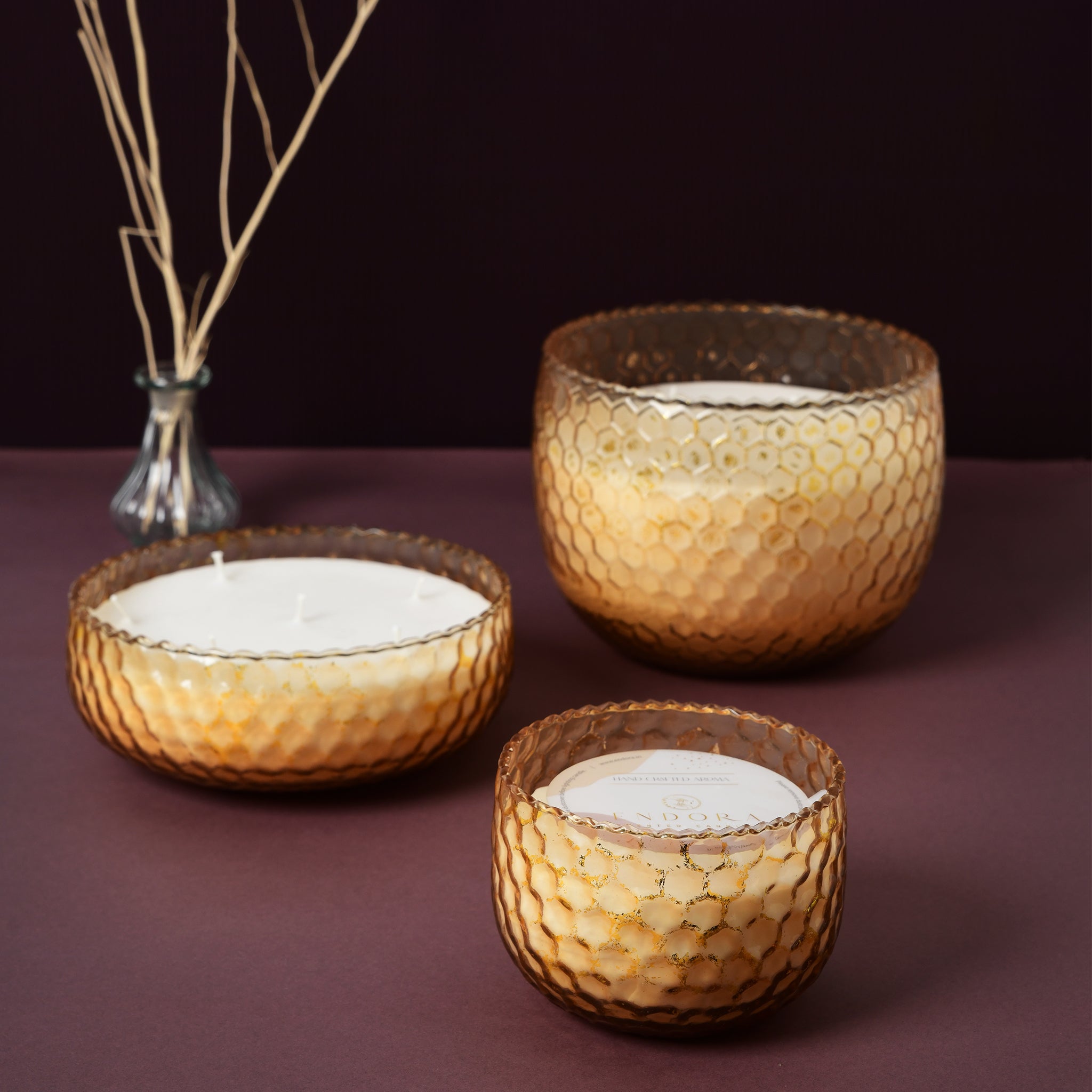 Honey Comb Gold foiled Bowl Candles | Set Of 3