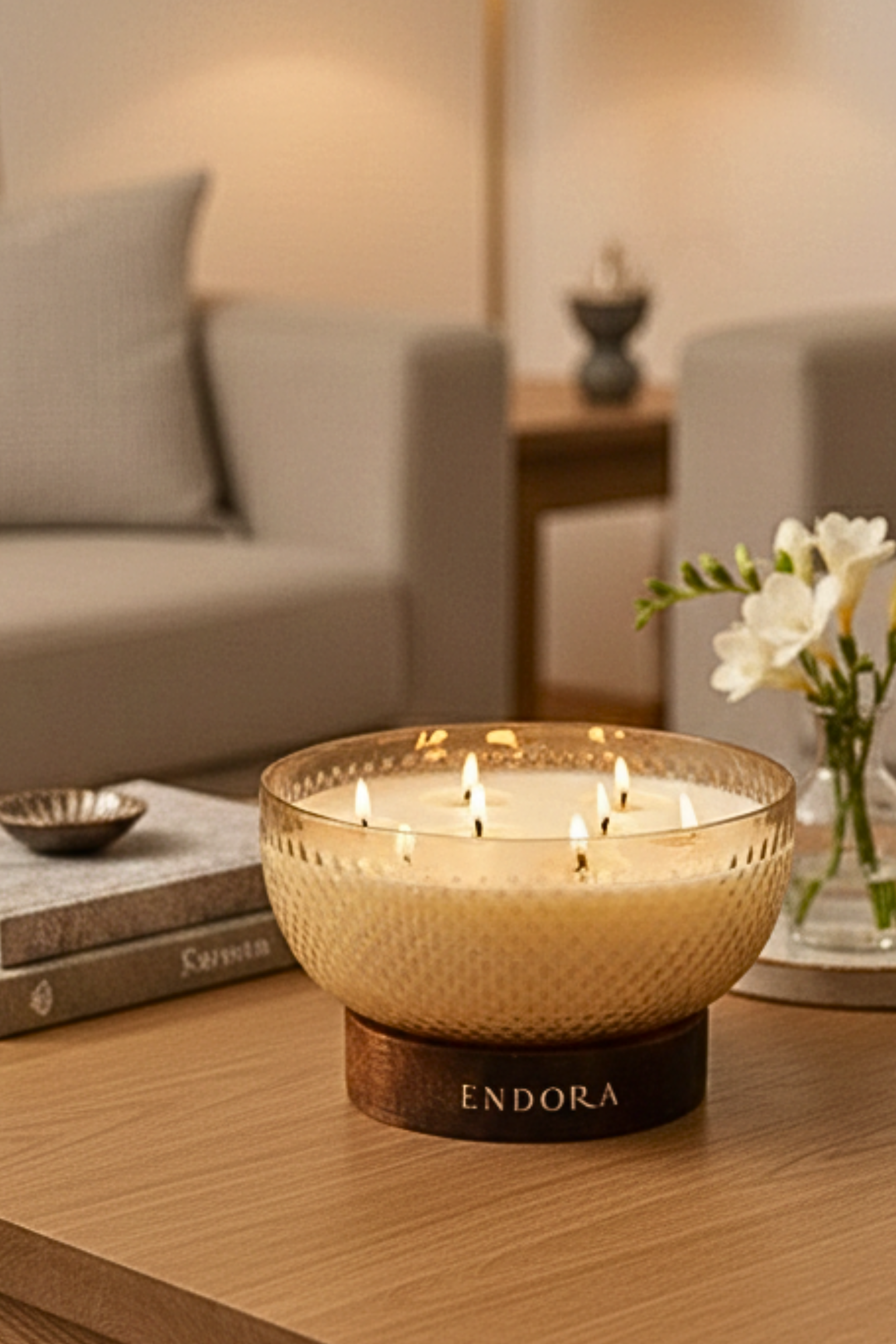 Diamond Cut Wood Base bowl | Scented Candle